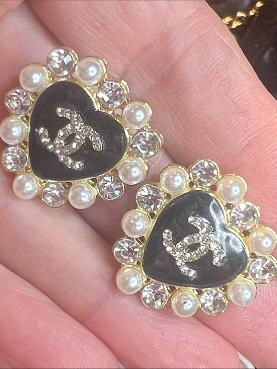 None Jewelry - Gold-Tone Heart Earrings with Black Enamel, Pearls & Crystals